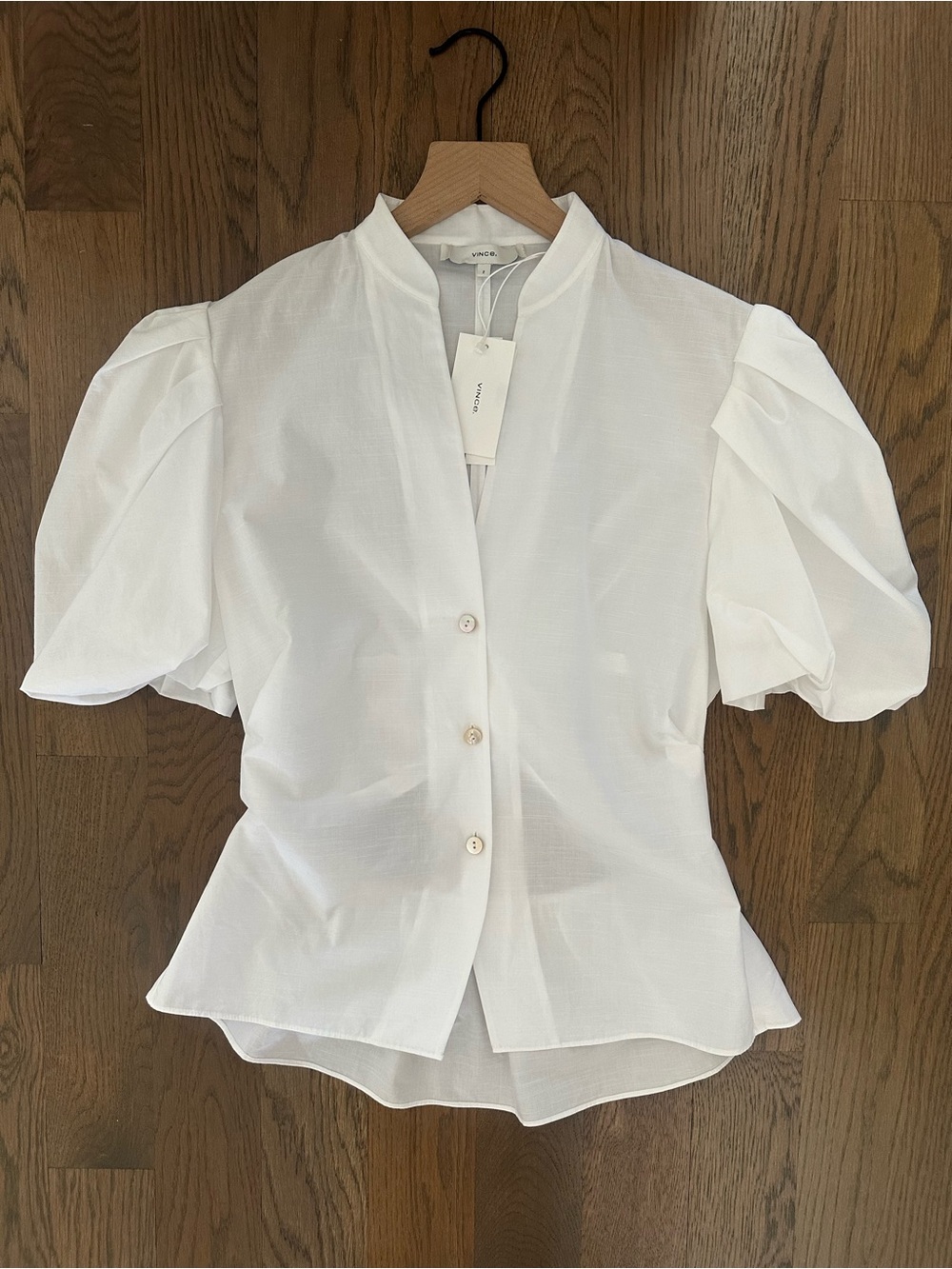 NWT Vince Draped Button Front Puff Sleeve Cutout Blouse in White Size 2